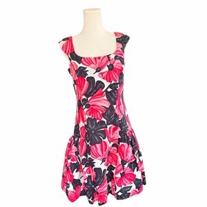 Milly Floral Fit & Flare Dress Pink Black Cotton Made in USA Italian Fabric